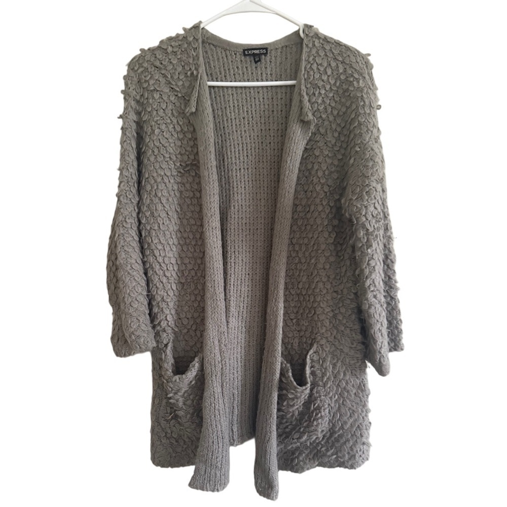 Express Open Front Shaggy Loop Sweater Texture Gray Wool 3/4 Sleeve Sweater XS